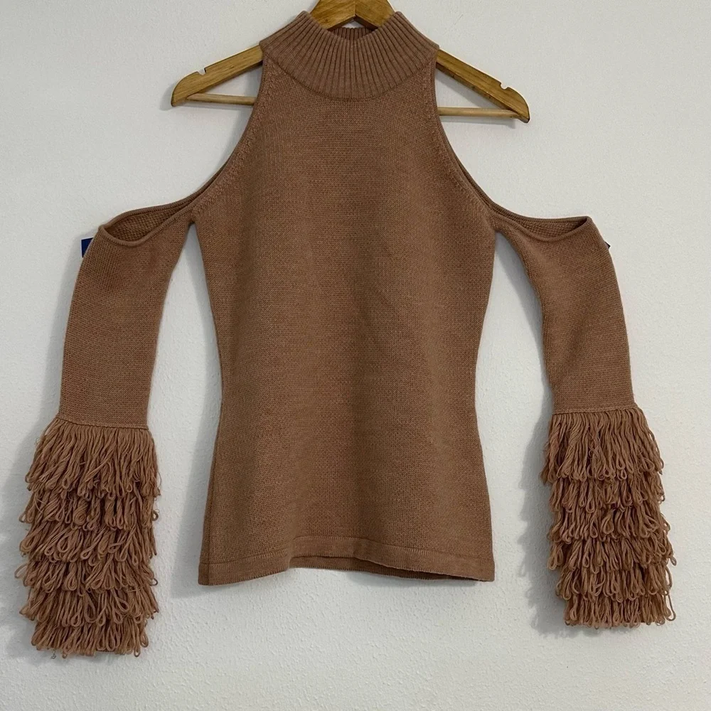 Jonathan Simkhai Loopy Yarn Cold Shoulder Pullover Tan  Turtleneck Sweater